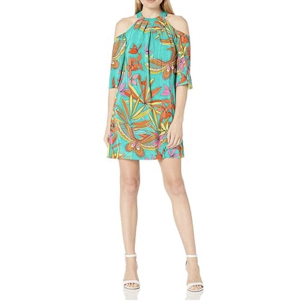 New Trina Turk Dress S Floral Print Spirit Cold Shoulder Silk Pull Over
